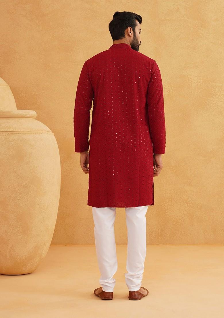 Maroon Embroidered Cotton Kurta For Men