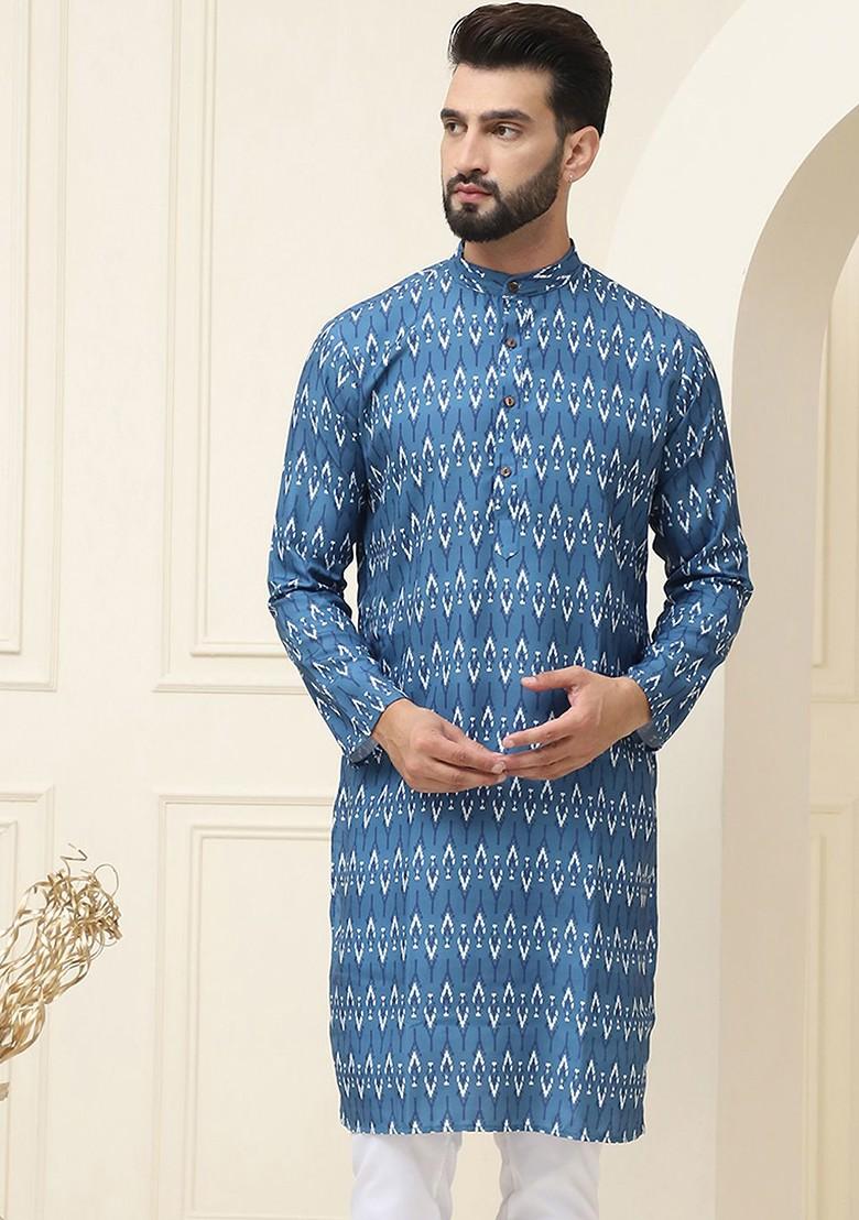 Navy Blue Ethnic Motifs Cotton Kurta For Men