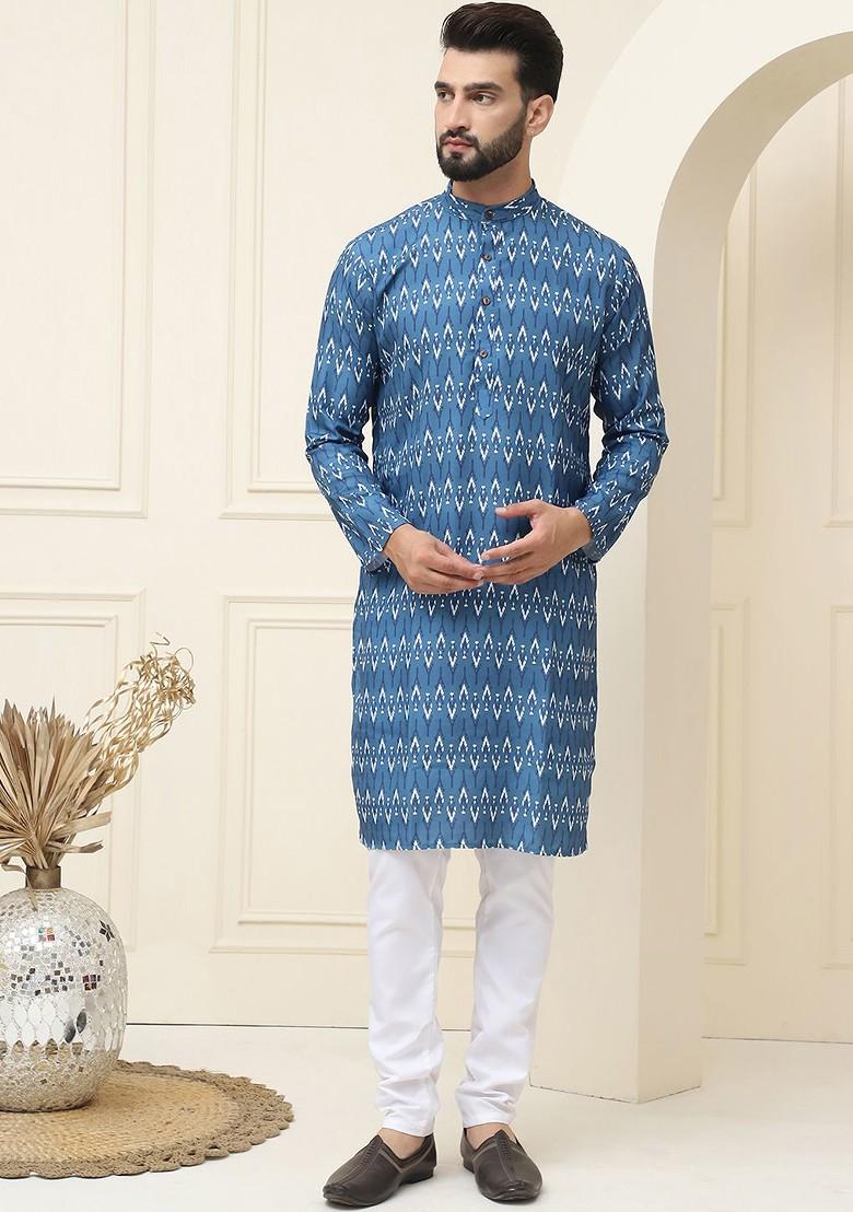 Navy Blue Ethnic Motifs Cotton Kurta For Men