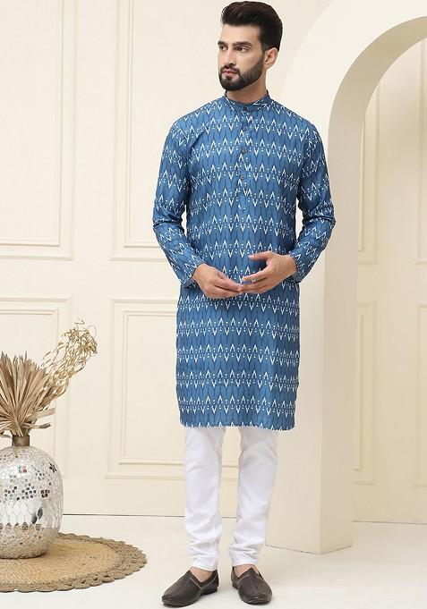 Navy Blue Ethnic Motifs Cotton Kurta For Men