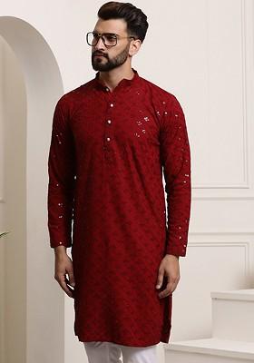Maroon Embroidered Cotton Kurta For Men