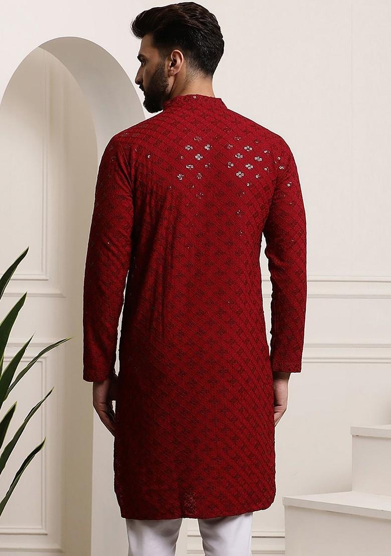 Maroon Embroidered Cotton Kurta For Men