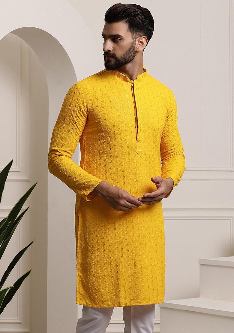 Mustard Embroidered Cotton Kurta For Men