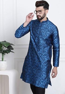 Blue Thread Work Poly Blend Kurta For Men