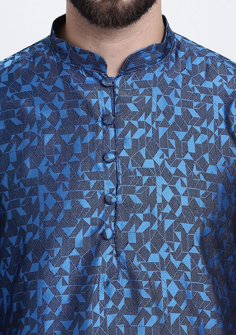 Blue Thread Work Poly Blend Kurta For Men