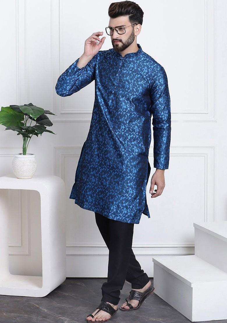 Blue Thread Work Poly Blend Kurta For Men