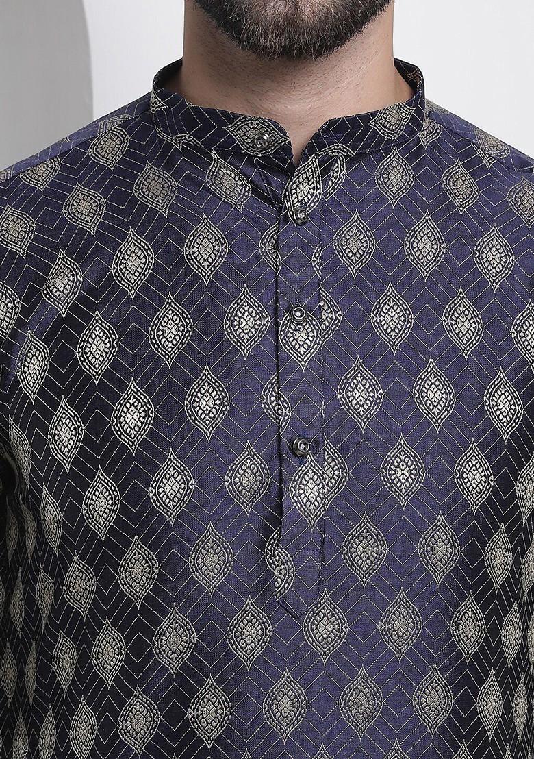 Navy Blue Ethnic Motifs Poly Blend Kurta For Men