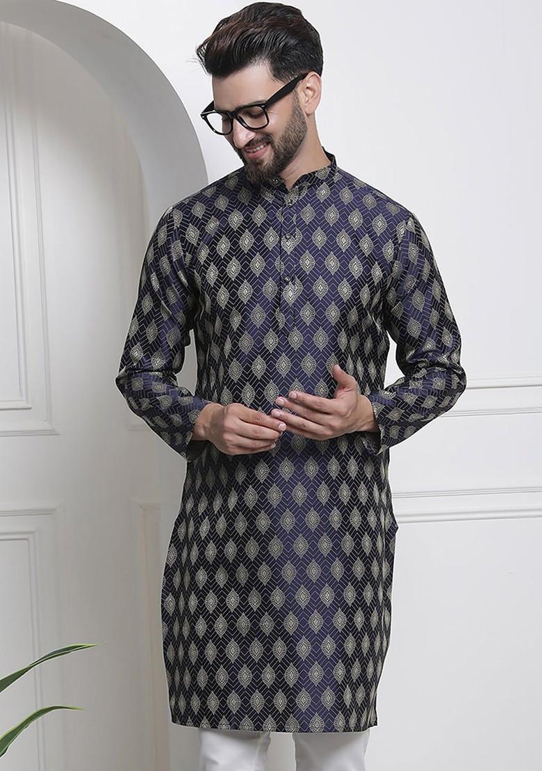 Navy Blue Ethnic Motifs Poly Blend Kurta For Men