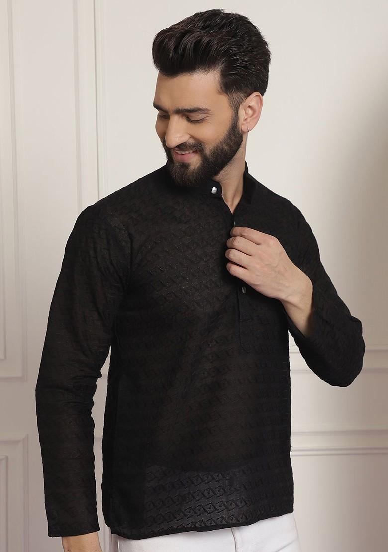 Black Thread Work Cotton Kurta For Men