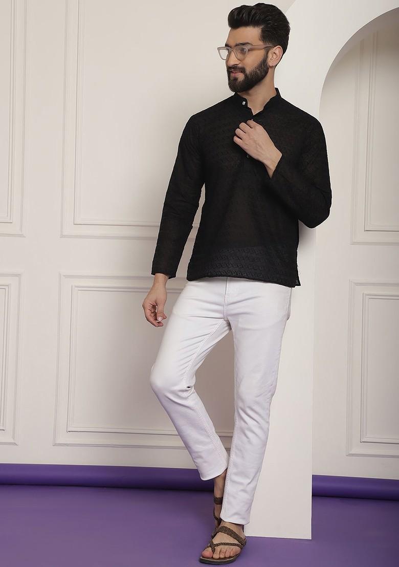 Black Thread Work Cotton Kurta For Men
