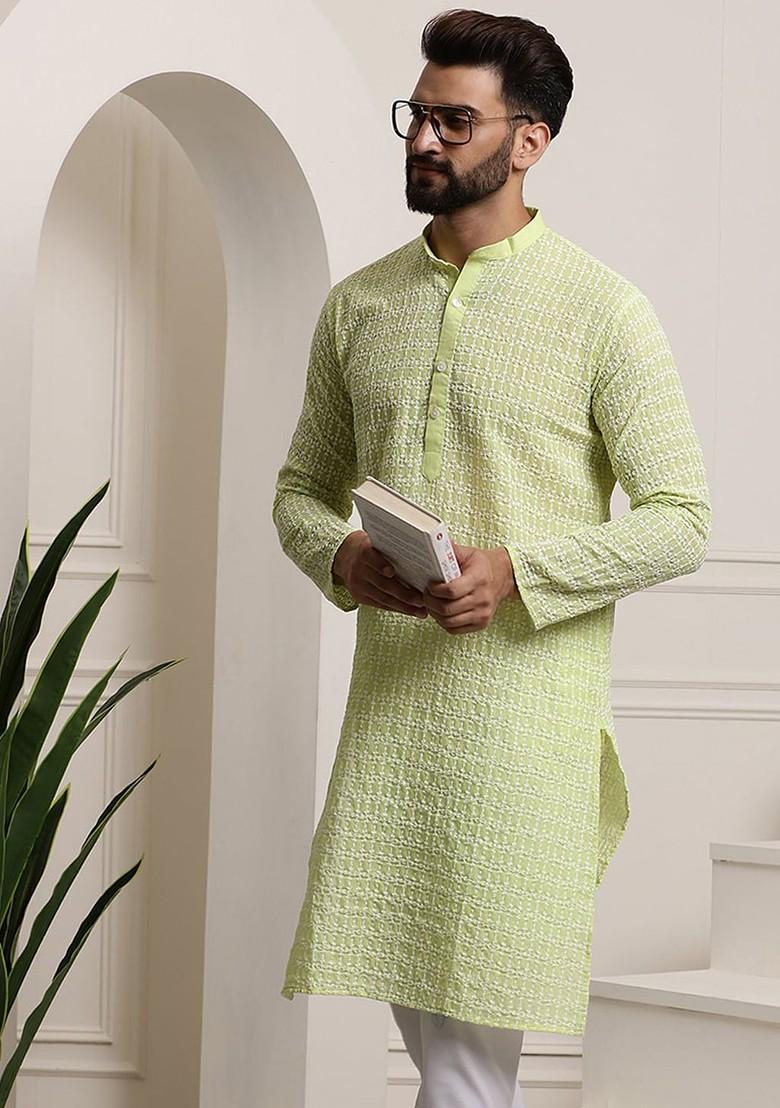 Green Thread Work Cotton Kurta For Men
