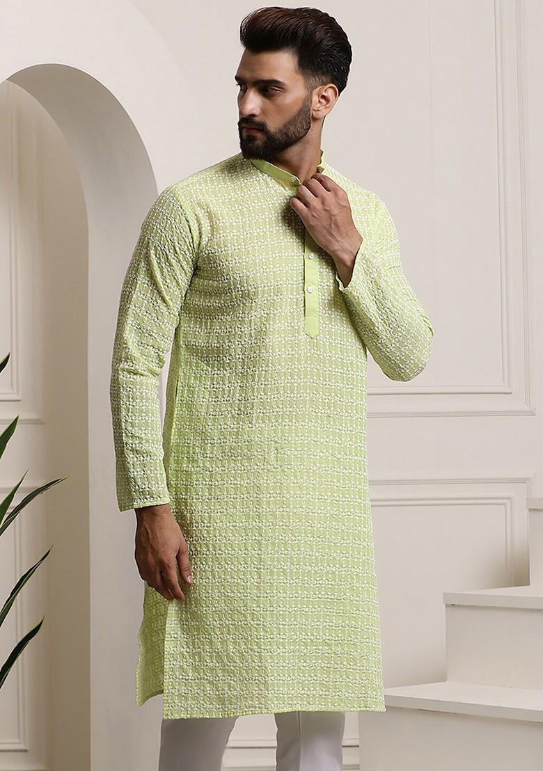 Green Thread Work Cotton Kurta For Men