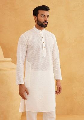 Cream Embroidered Cotton Kurta For Men