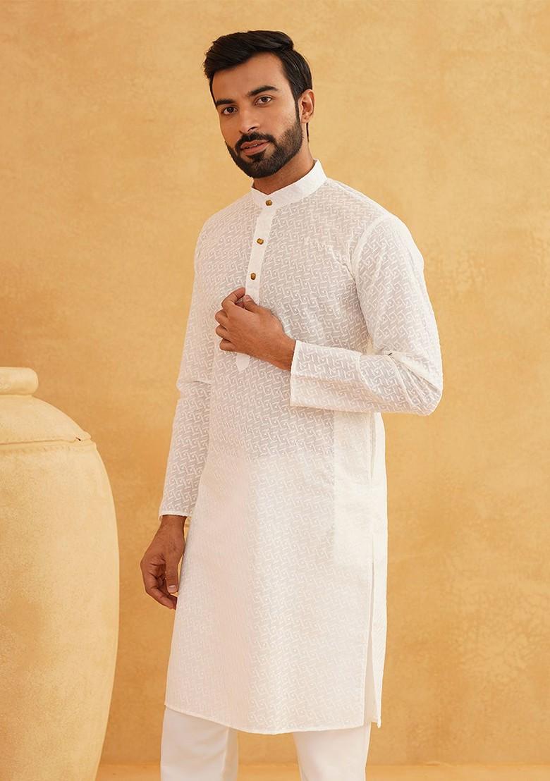 Cream Embroidered Cotton Kurta For Men