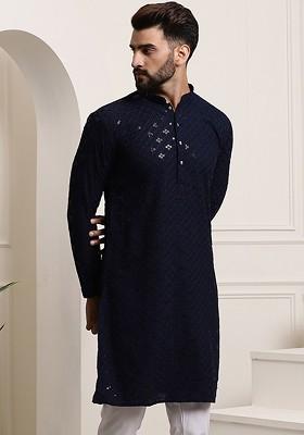 Navy Blue Embroidered Cotton Kurta For Men