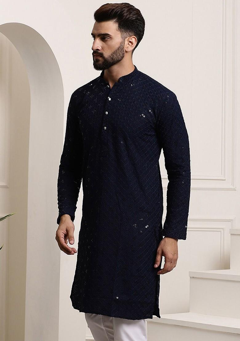 Navy Blue Embroidered Cotton Kurta For Men