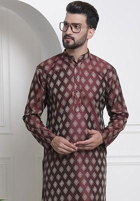 Maroon Ethnic Motifs Poly Blend Kurta For Men