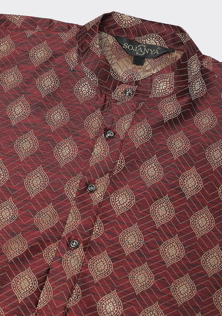 Maroon Ethnic Motifs Poly Blend Kurta For Men