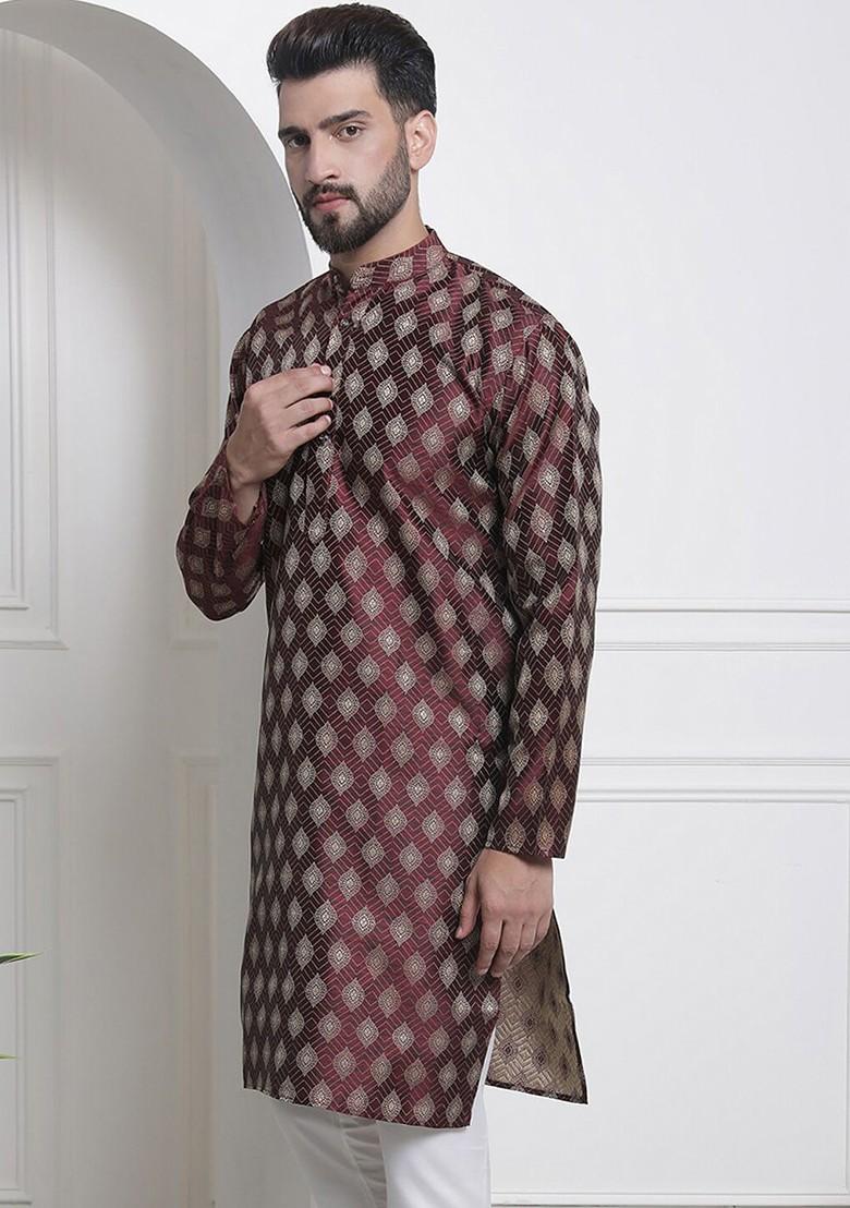 Maroon Ethnic Motifs Poly Blend Kurta For Men