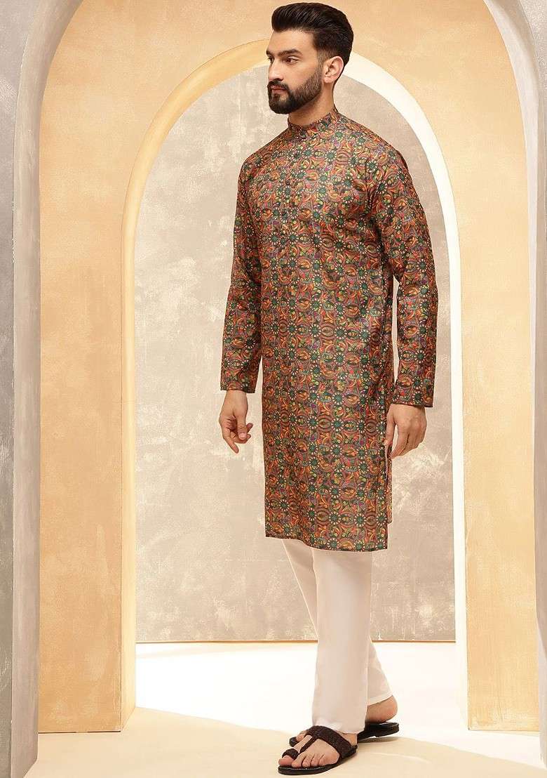Green Ethnic Motifs Cotton Kurta For Men - Indya