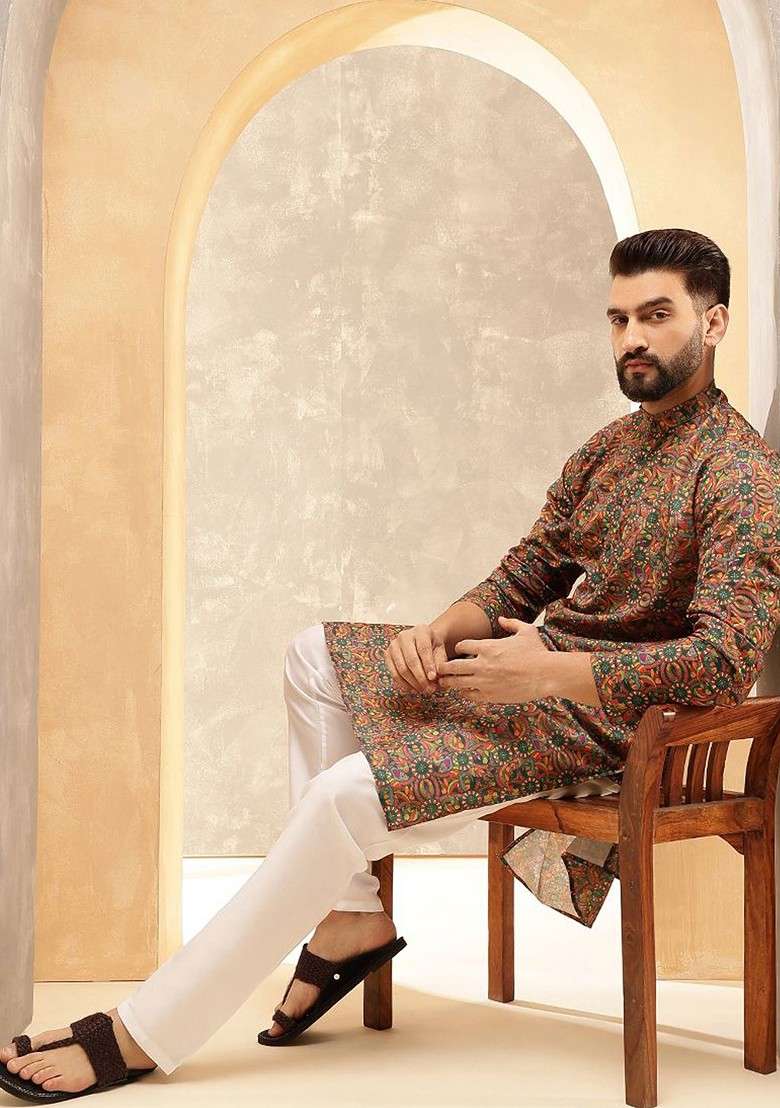 Green Ethnic Motifs Cotton Kurta For Men - Indya