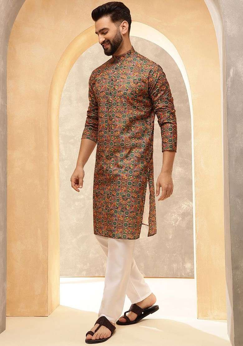 Green Ethnic Motifs Cotton Kurta For Men - Indya