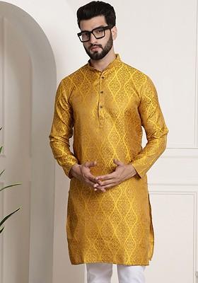 Mustard Ethnic Motifs Poly Blend Kurta For Men