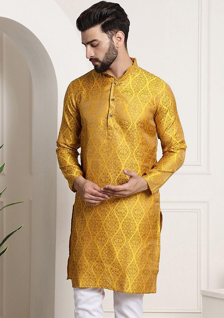 Mustard Ethnic Motifs Poly Blend Kurta For Men
