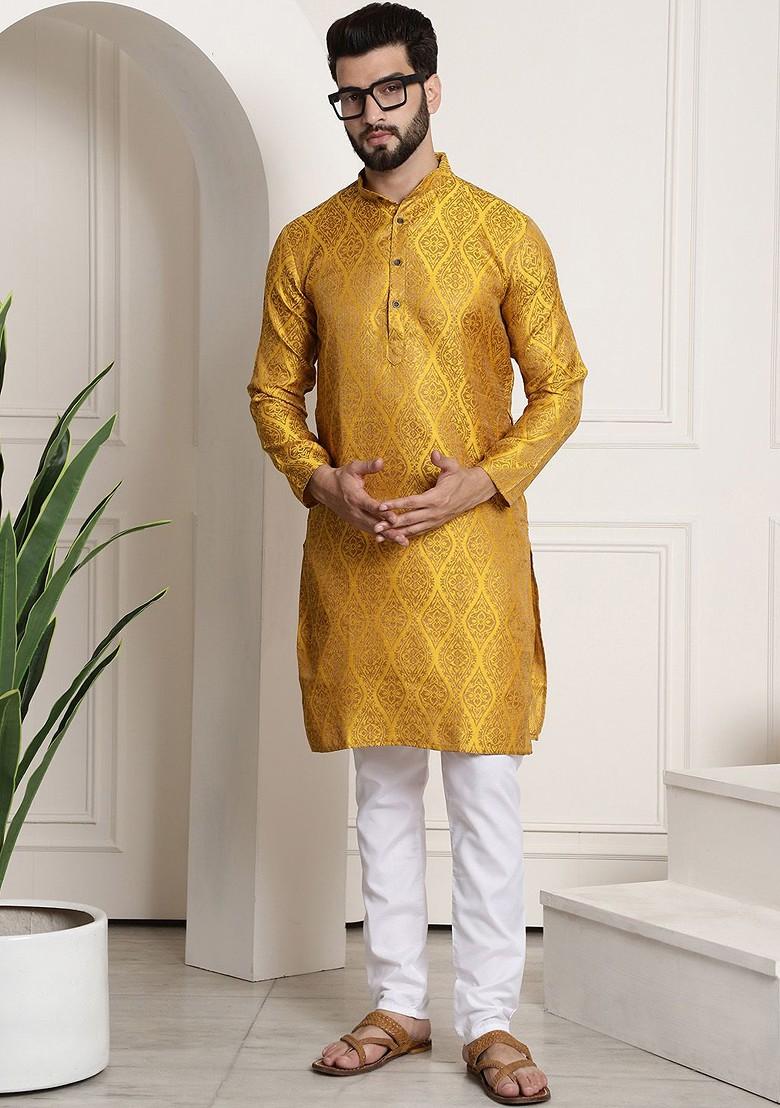 Mustard Ethnic Motifs Poly Blend Kurta For Men