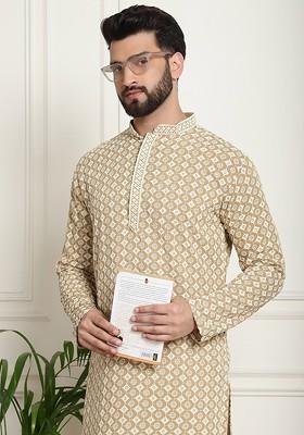 Beige Embroidered Cotton Kurta For Men