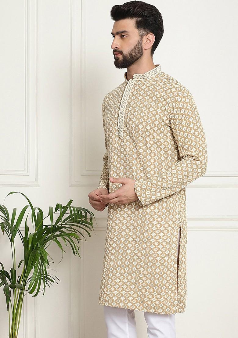 Beige Embroidered Cotton Kurta For Men