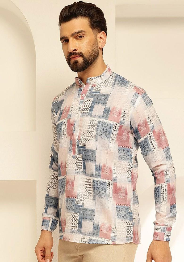 White Printed Cotton Kurta For Men