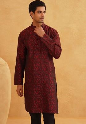 Maroon Woven Poly Blend Kurta For Men