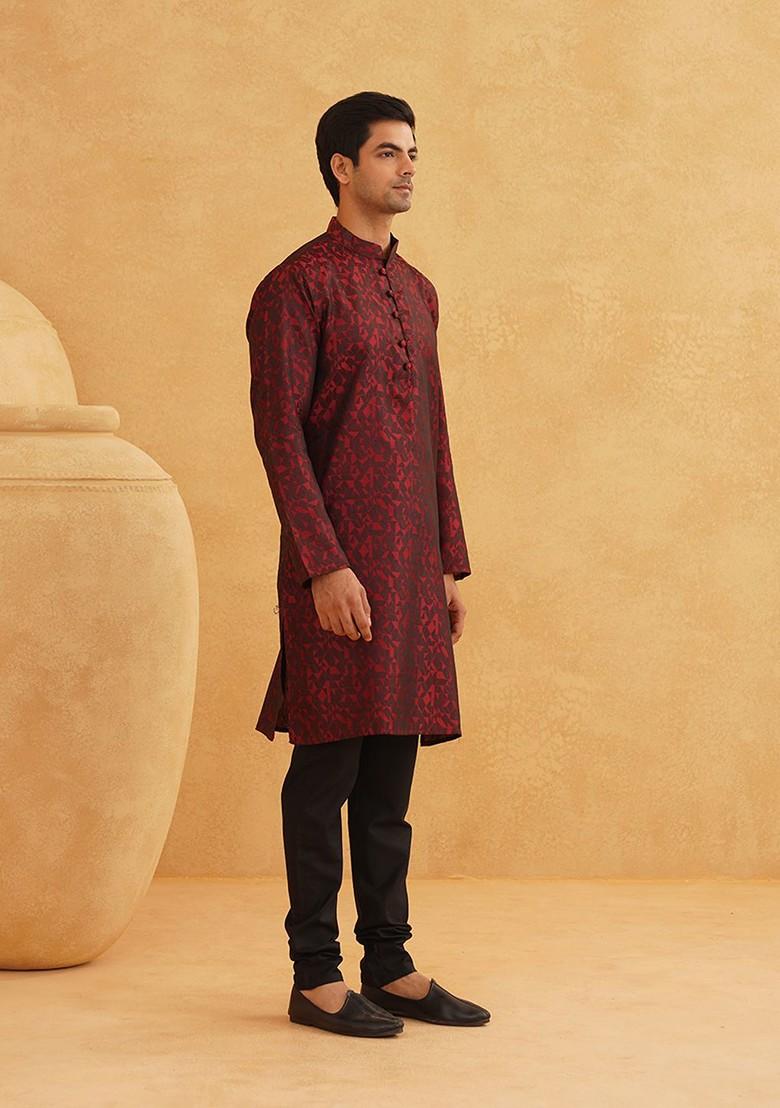Maroon Woven Poly Blend Kurta For Men
