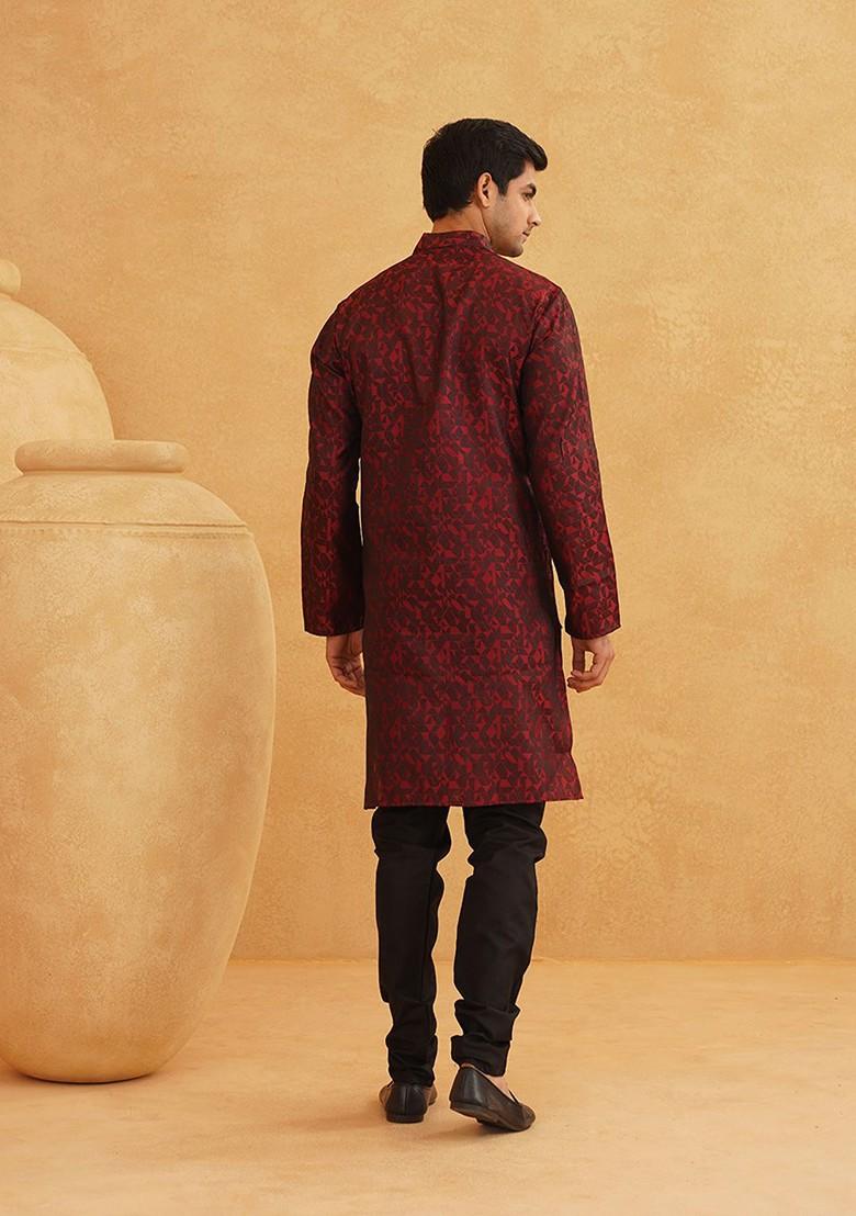 Maroon Woven Poly Blend Kurta For Men