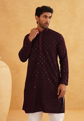 Purple Embellished Cotton Kurta For Men
