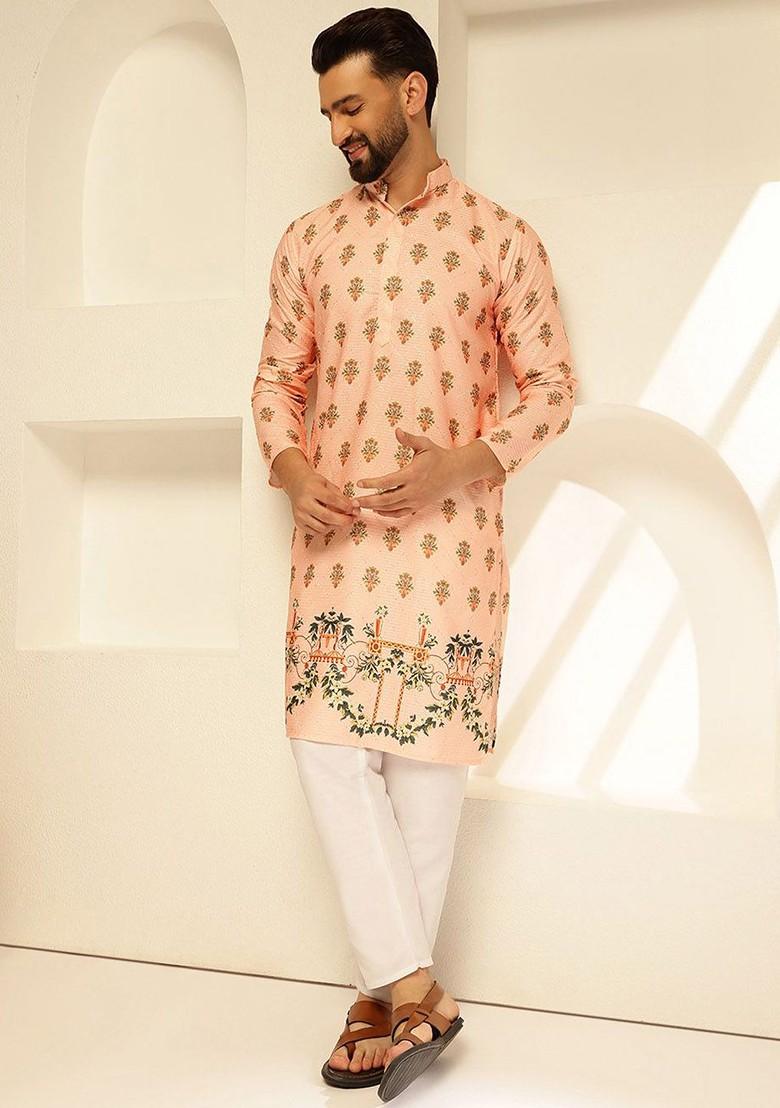 Peach Embroidered Cotton Kurta For Men