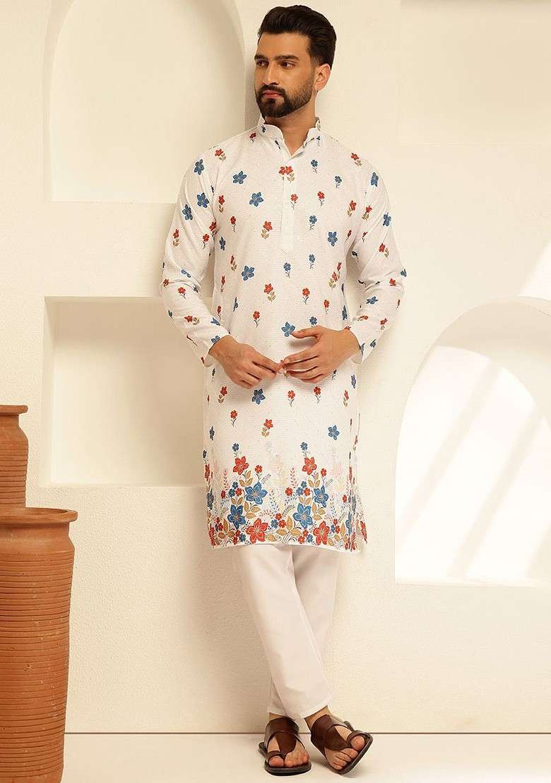 White Thread Work Cotton Kurta For Men - Indya