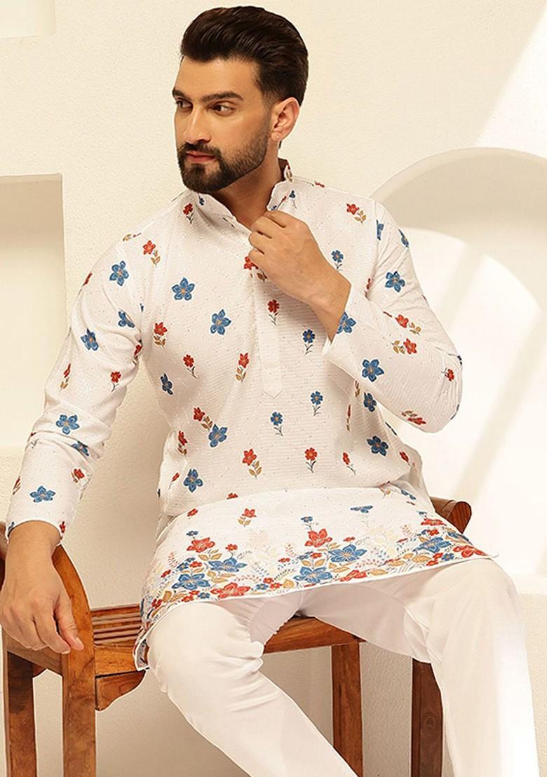 White Thread Work Cotton Kurta For Men