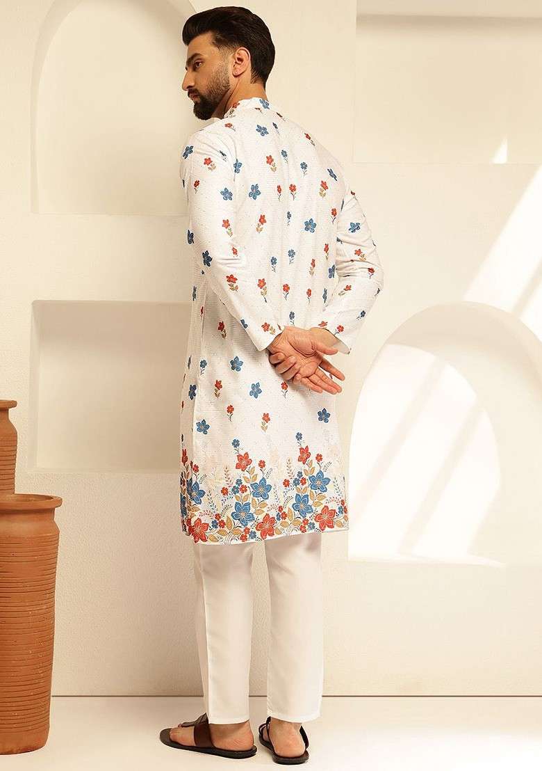 White Thread Work Cotton Kurta For Men - Indya