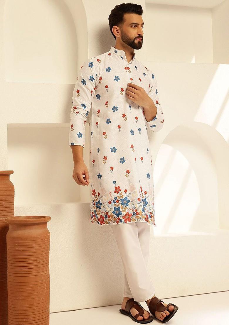 White Thread Work Cotton Kurta For Men
