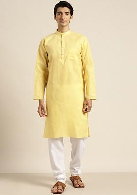 Yellow Solid Cotton Kurta For Men
