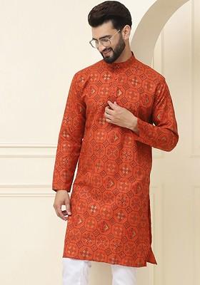 Brown Ethnic Motifs Cotton Kurta For Men