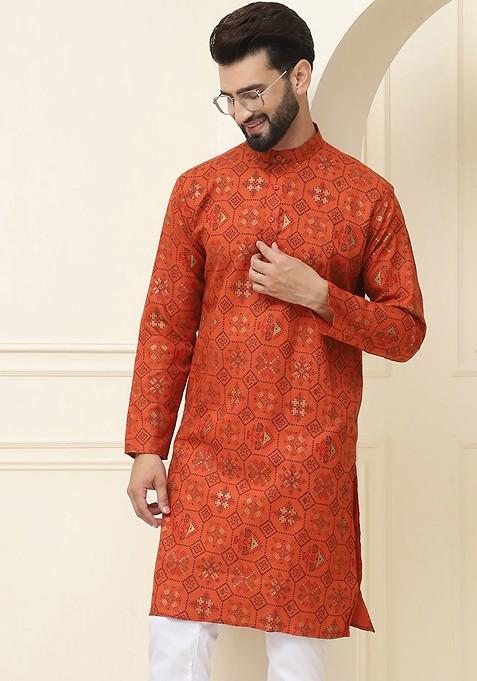 Brown Ethnic Motifs Cotton Kurta For Men