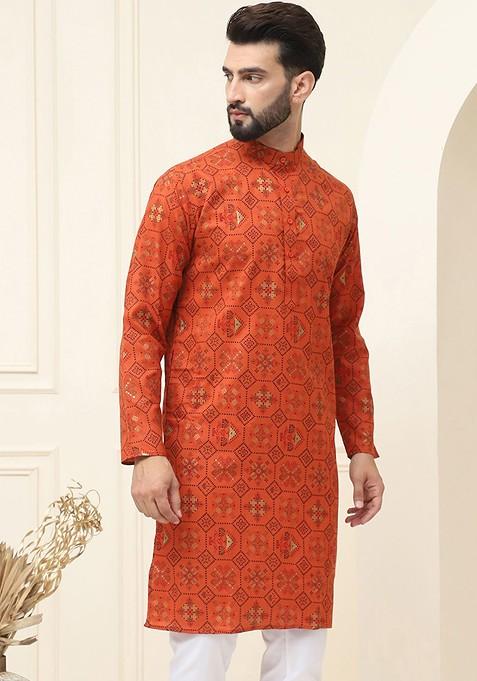 Brown Ethnic Motifs Cotton Kurta For Men