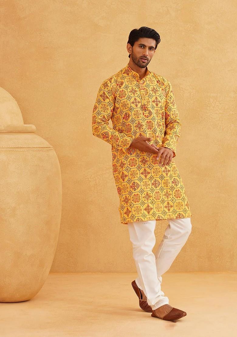Yellow Ethnic Motifs Cotton Kurta For Men