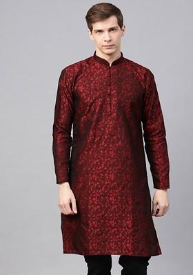 Maroon Woven Poly Blend Kurta For Men