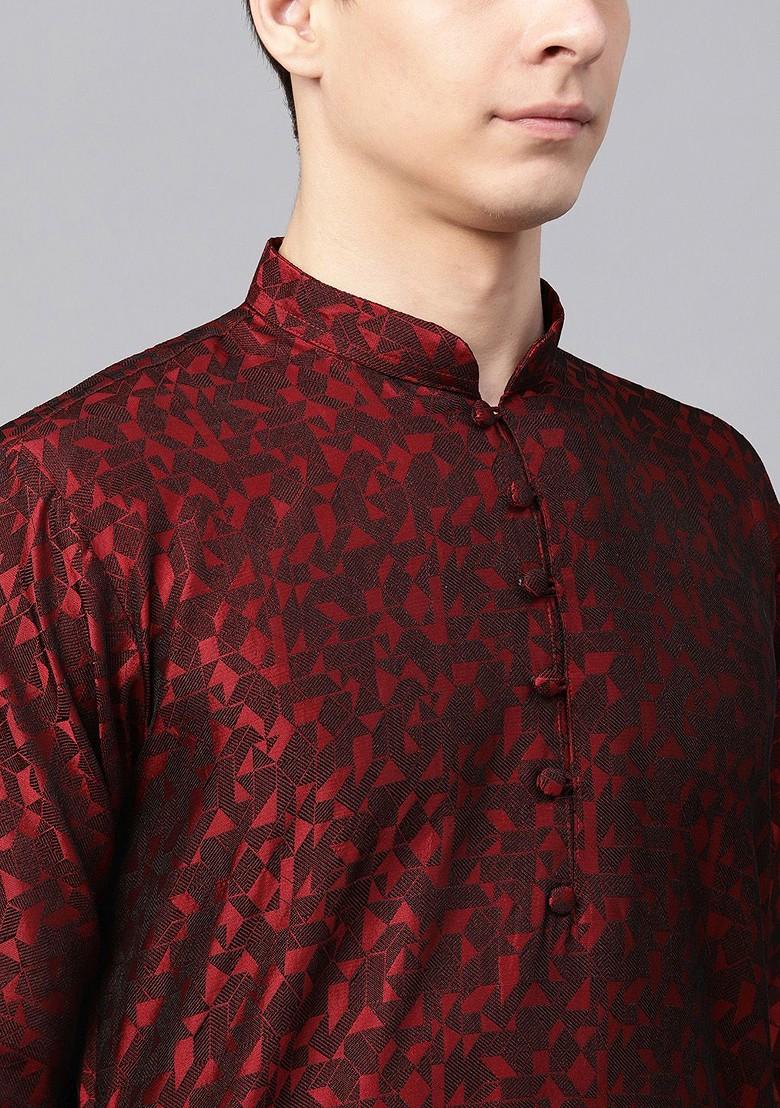 Maroon Woven Poly Blend Kurta For Men