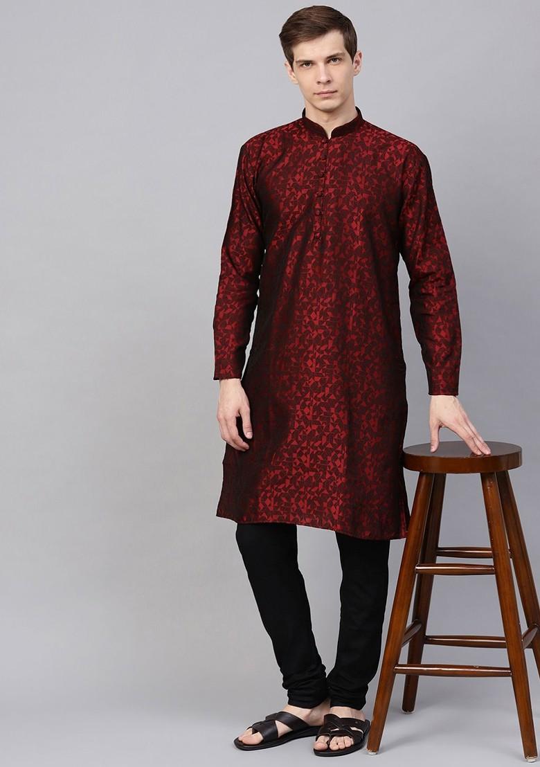 Maroon Woven Poly Blend Kurta For Men