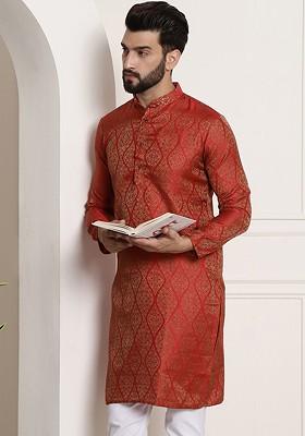Red Ethnic Motifs Poly Blend Kurta For Men